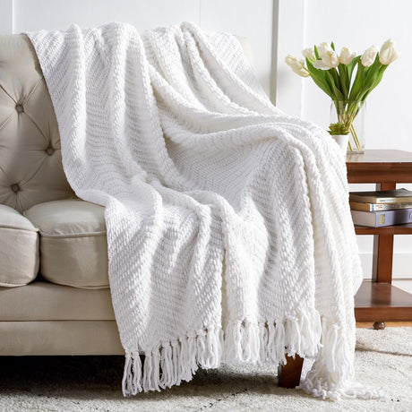 Bedsure Throw Blanket for Couch – White Versatile Knit Woven Chenille Blanket for Chair, Super Soft, Warm & Decorative Blanket with Tassels for Bed, Sofa and Living Room (White, 50 x 60 inches) Bedsure