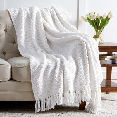 Bedsure Throw Blanket for Couch – White Versatile Knit Woven Chenille Blanket for Chair, Super Soft, Warm & Decorative Blanket with Tassels for Bed, Sofa and Living Room (White, 50 x 60 inches)