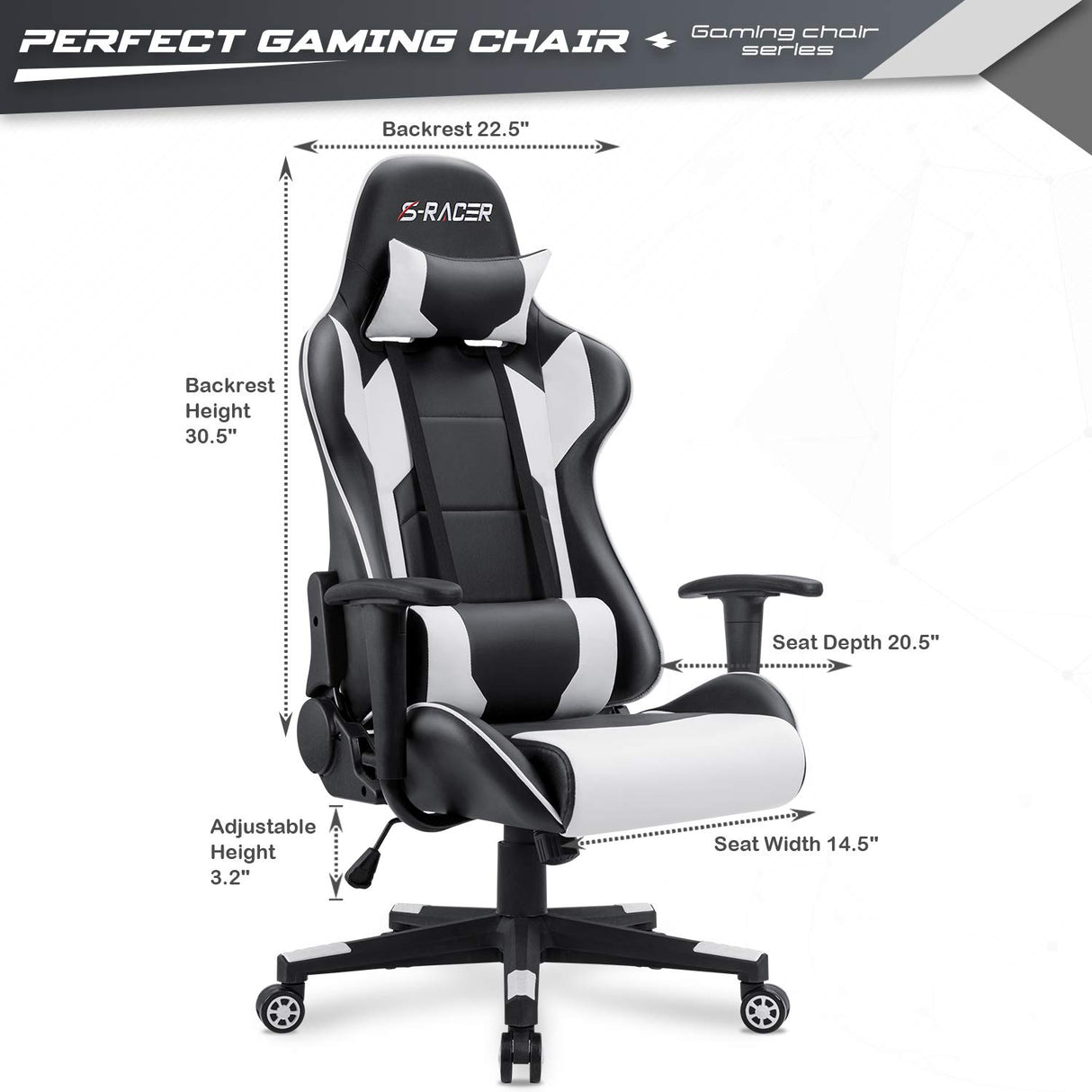 Furniwell Gaming Chair PU Leather Office Chair High Back Computer Chair Desk Chair Adjustable Swivel Racing Executive Leather Ergonomic Task Chair with Headrest and Lumbar Support (White) Furniwell