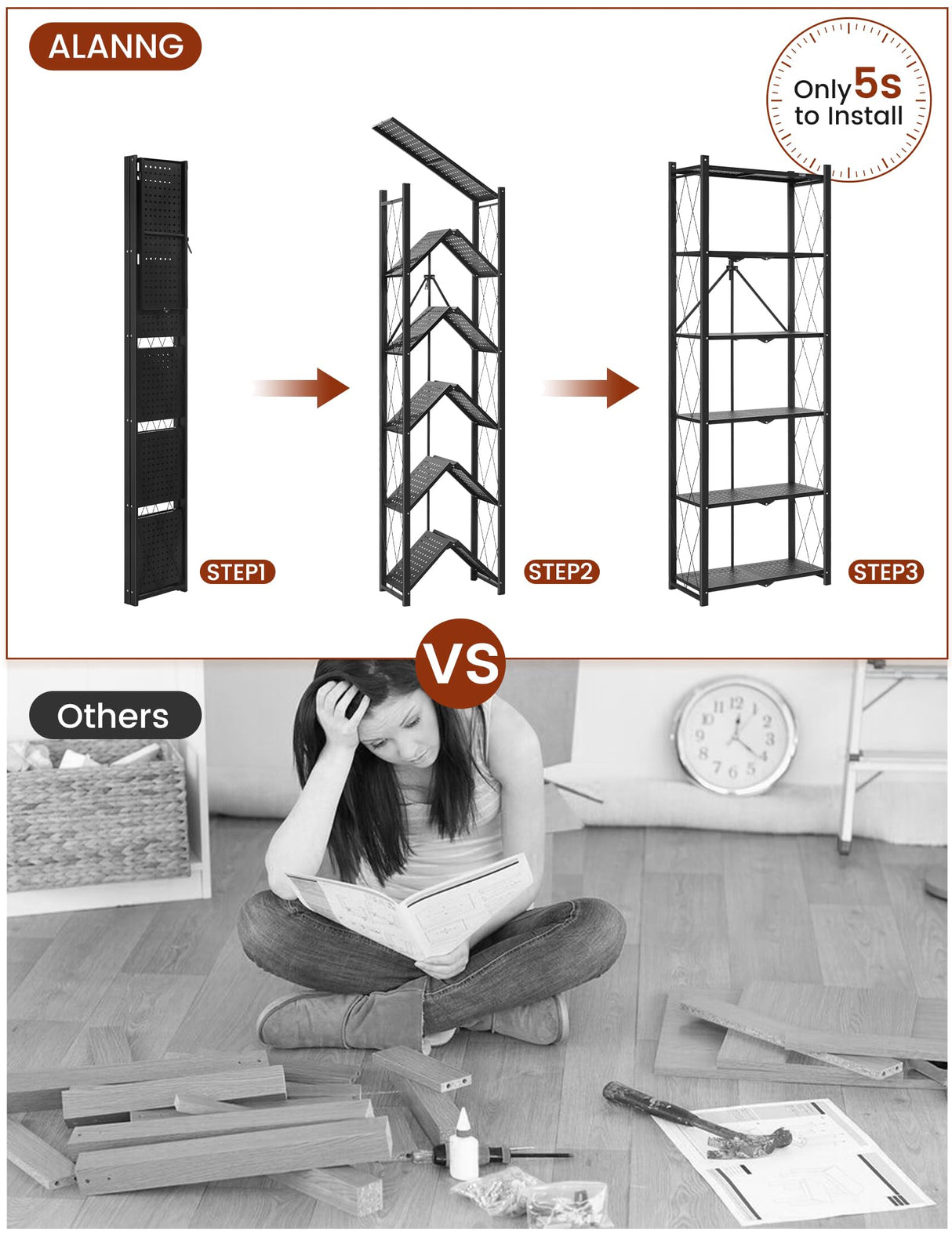 ALANNG 73.6 Inch Folding Bookshelf, 6 Tier Metal Bookcase and Bookshelves, Tall Shelves for Living Room Office Bedroom, Heavy Duty Book Shelve Free Standing Open (Black, 2PACK) ALANNG
