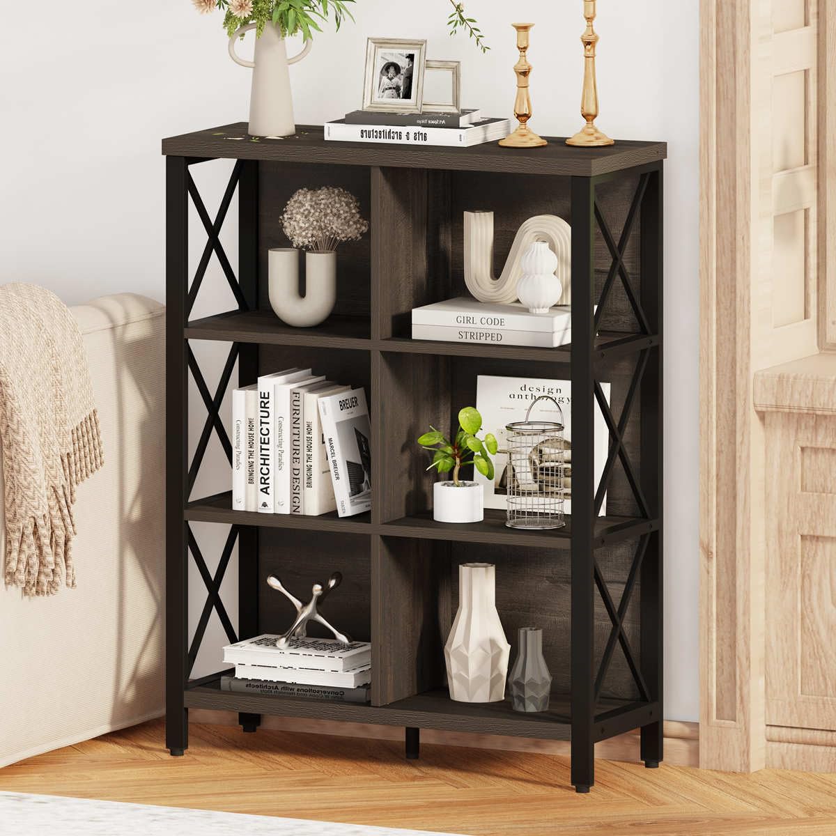 FATORRI 6 Cube Storage Organizer Shelf, Rustic Wood and Metal Cubby Bookcase, Industrial 4 Tier Cube Bookshelf (Walnut Brown) FATORRI