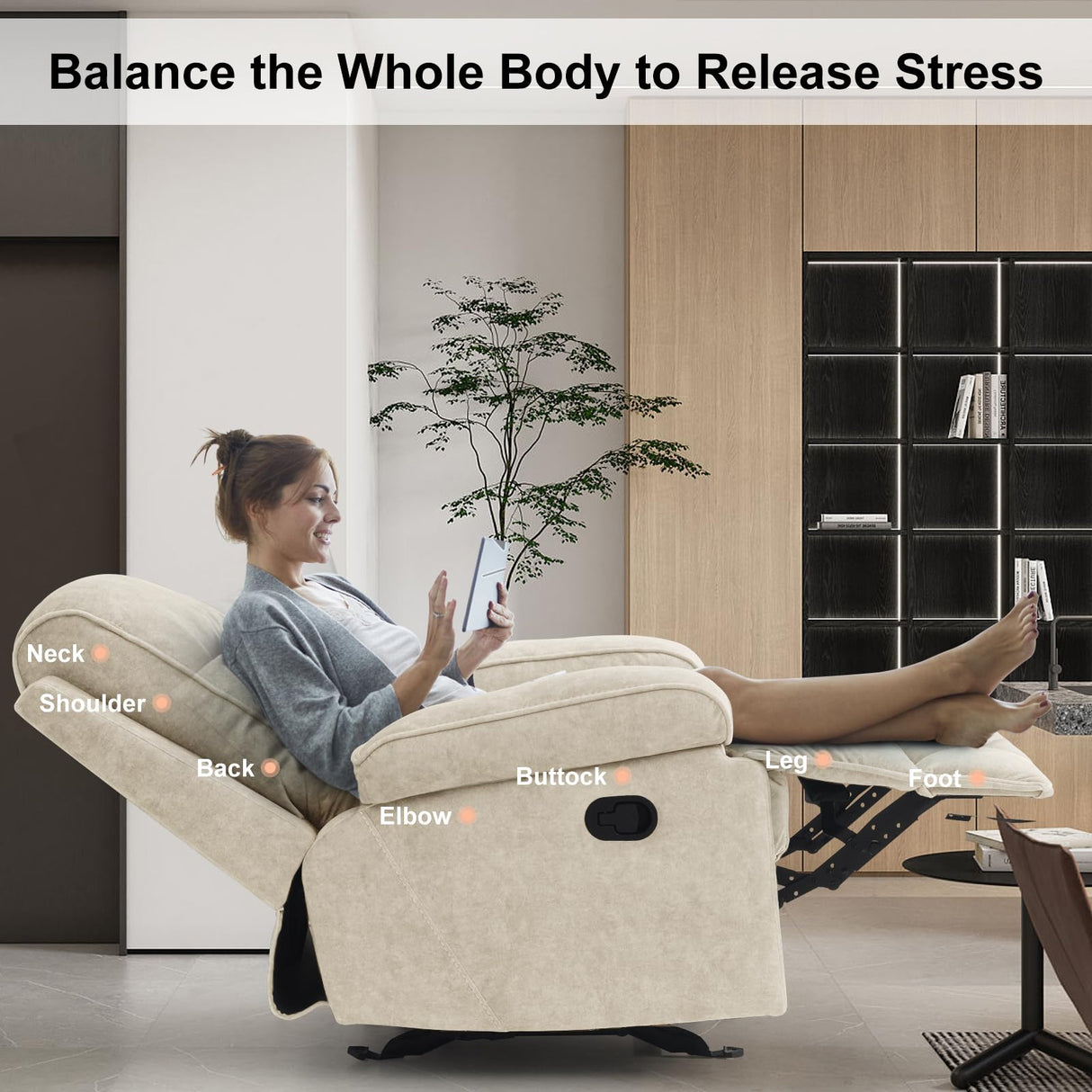 KeyEnergy Manual Rocker Recliner Chair for Adults, High Back Glider with Deep Seat, Upholstered Fabric Armchair for Living Room & Nursery, Beige KeyEnergy