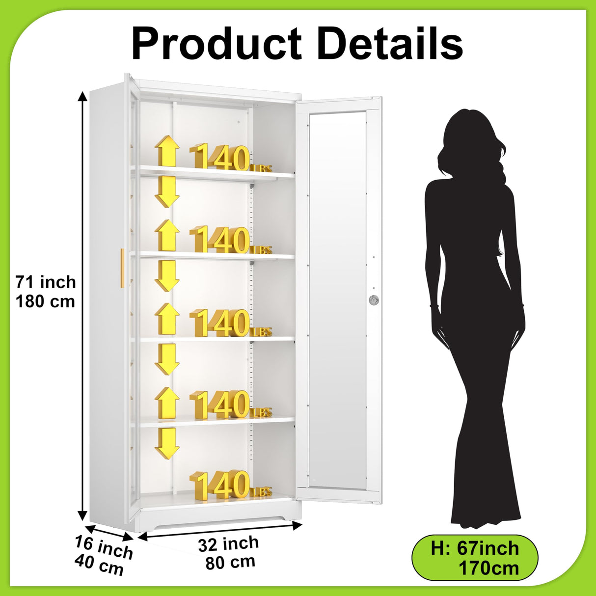 UNICOLY Storage Cabinet with Doors and Shelves, Display Cabinet with Glass Doors, Pantry Cabinet, Curio Cabinet with Locking Doors, Metal Storage Cabinet for Office,Kitchen,Living Room 71” H White UNICOLY