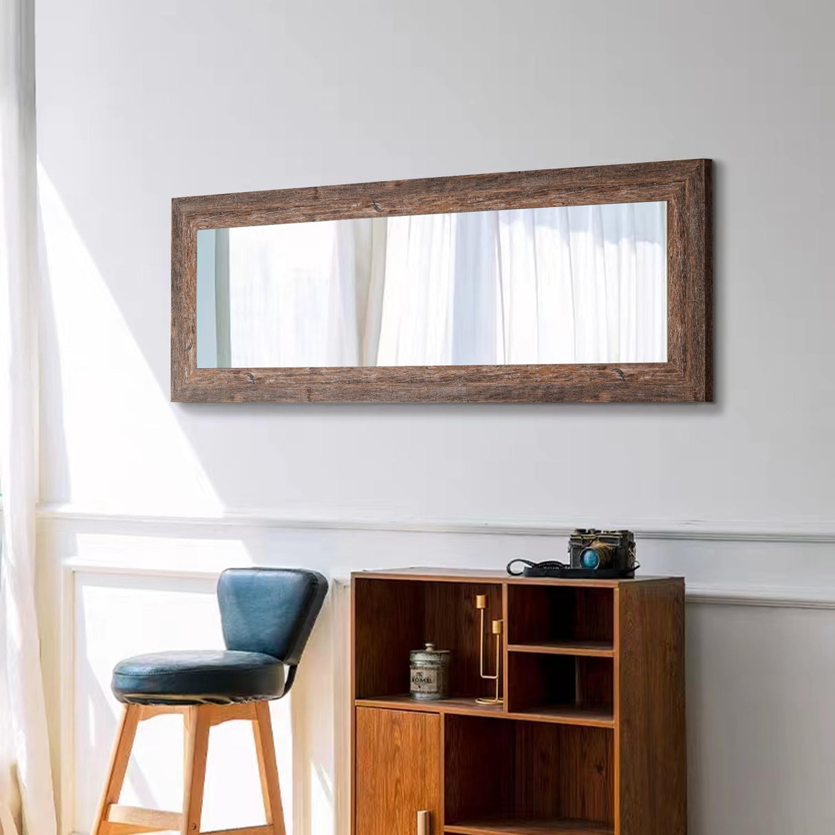 Syndra Modern Design Full Length Mirror, 61"L x 22"W, Wall Mounted, Rectangular, Framed, Wood/wood tone, HD Reflections, Shatterproof, Frosted Edges, Home Decor, Bedroom, Bathroom, Living Room Syndra