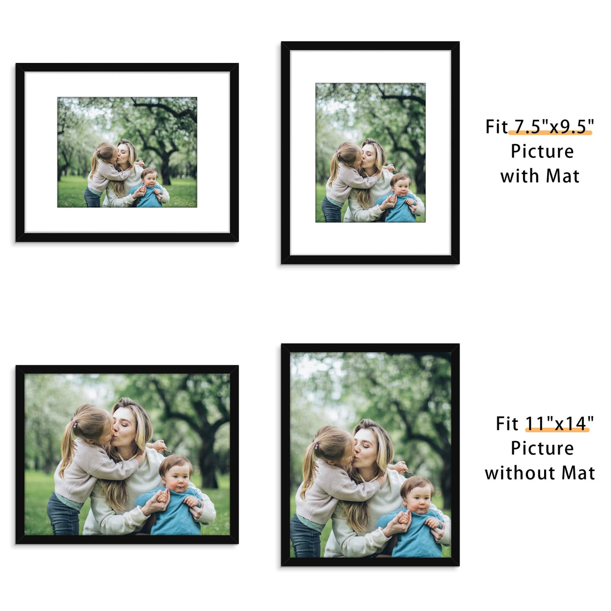 Picrit 11x14 Picture Frame Set of 12, Photo Display 8x10 with Mat or 11x14 Without Mat for Wall Mounting or Table Top Display, Black. Picrit