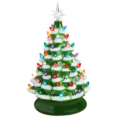 Best Choice Products 15in Ceramic Christmas Tree, Pre-lit Hand-Painted Tabletop Holiday Tree, 2 Star Toppers, 64 Lights - Flocked w/Multicolored Bulbs