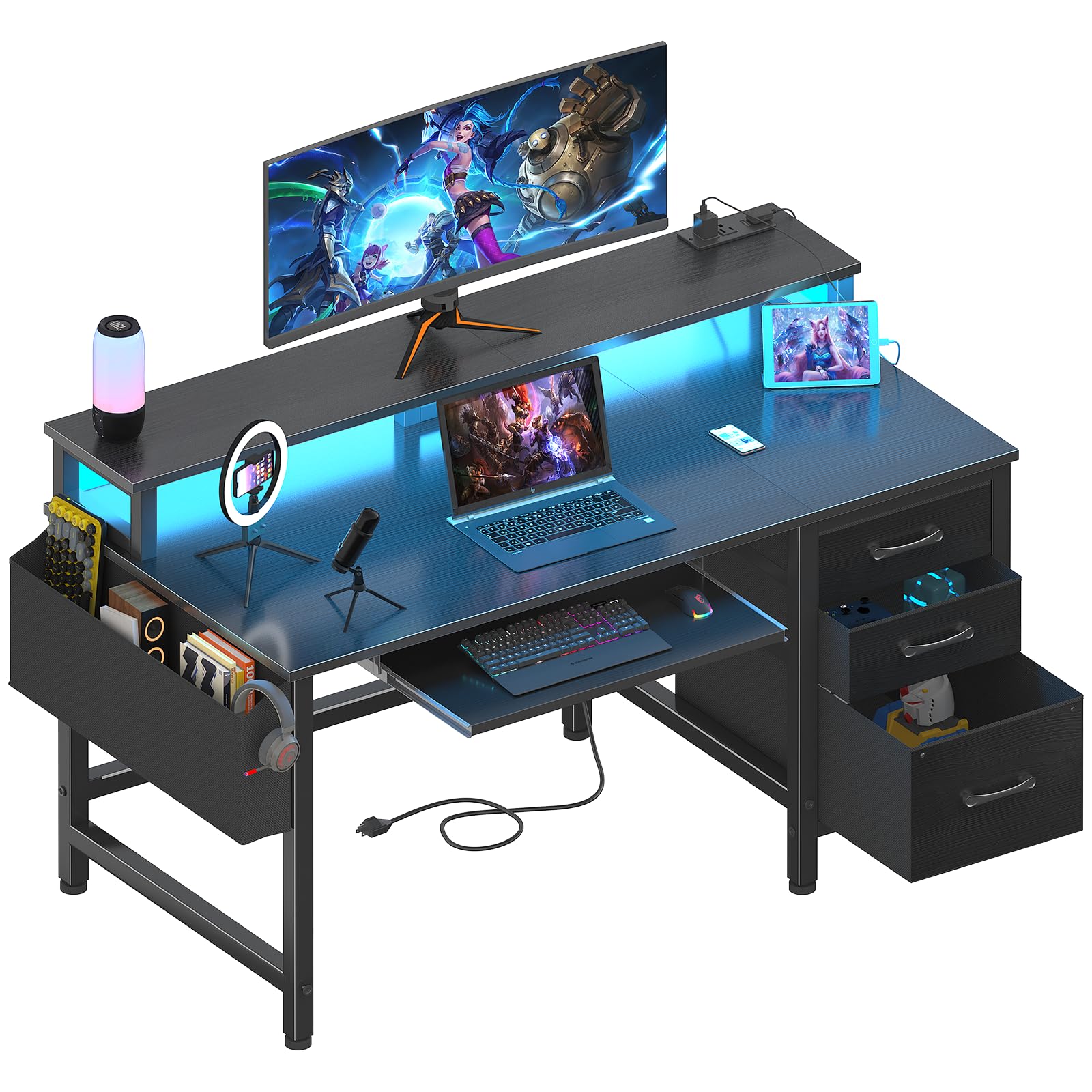 Lufeiya Gaming Desk with LED Lights and Power Outlets, 47 Inch Home Office Desks with Keyboard Tray, Computer Desk with File Drawers Cabinet, Writing Table PC Desks with Monitor Stand, Black - WoodArtSupply