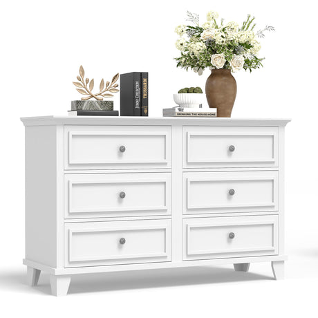 GarveeHome Farmhouse White Dresser for Bedroom with 6 Drawer, Double Dresser TV Stand with Vintage Handle, Wide Wood Dressers & Chests of Drawers, 6 Drawer Dressers for Bedroom, Living Room, Hallway GarveeHome