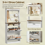 YATINEY Tall Shoe Cabinet with Flip Drawers and Coat Rack, Floor Standing Modern Shoe Storage Organizer, 2-in-1 Hall Tree with Movable Hooks and Open Shelves, for Entryway, White and Walnut SC01WH YATINEY