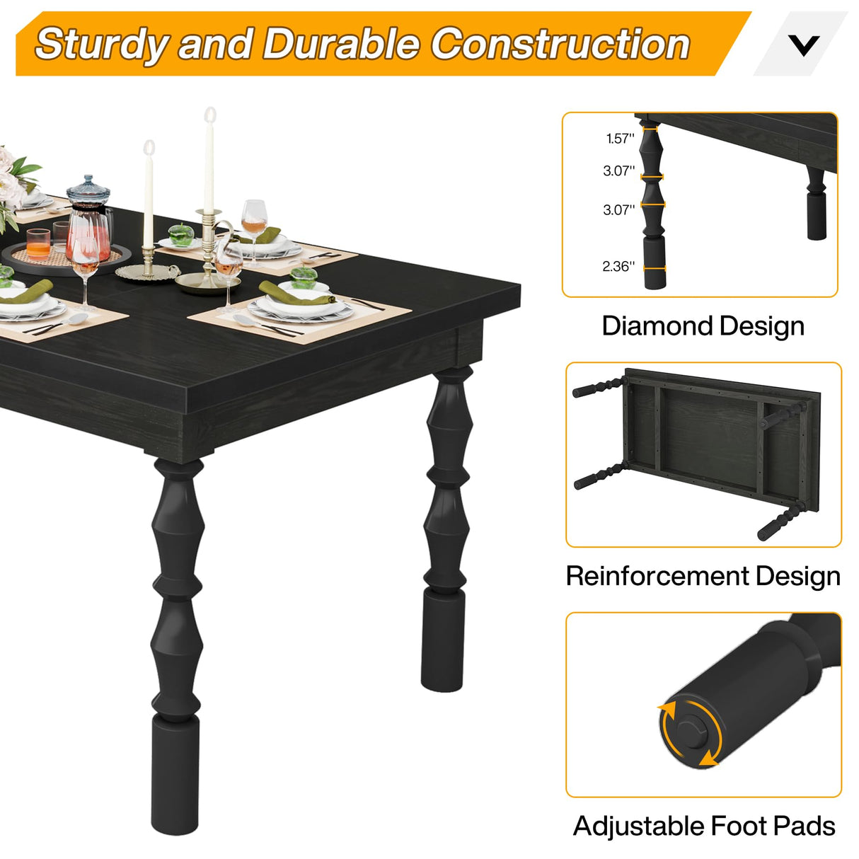 Tribesigns Wood Black Dining Table for 4-6 People, 62” Farmhouse Large Rectangle Kitchen Table, Modern Dinner Table Kitchen & Dining Room Furniture with Carved Turned Legs Tribesigns