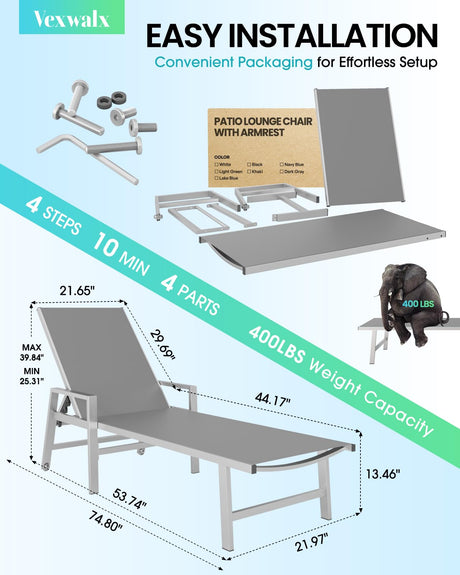 Vexwalx Patio Chaise Lounge Chair Outdoor with Wheels&Armrests, Aluminum Pool Lounge Chairs 5-Position Adjustable Recliner, Outdoor Beach Lounge Chairs for Poolside, Patio, Deck, Yard, Dark Gray Vexwalx