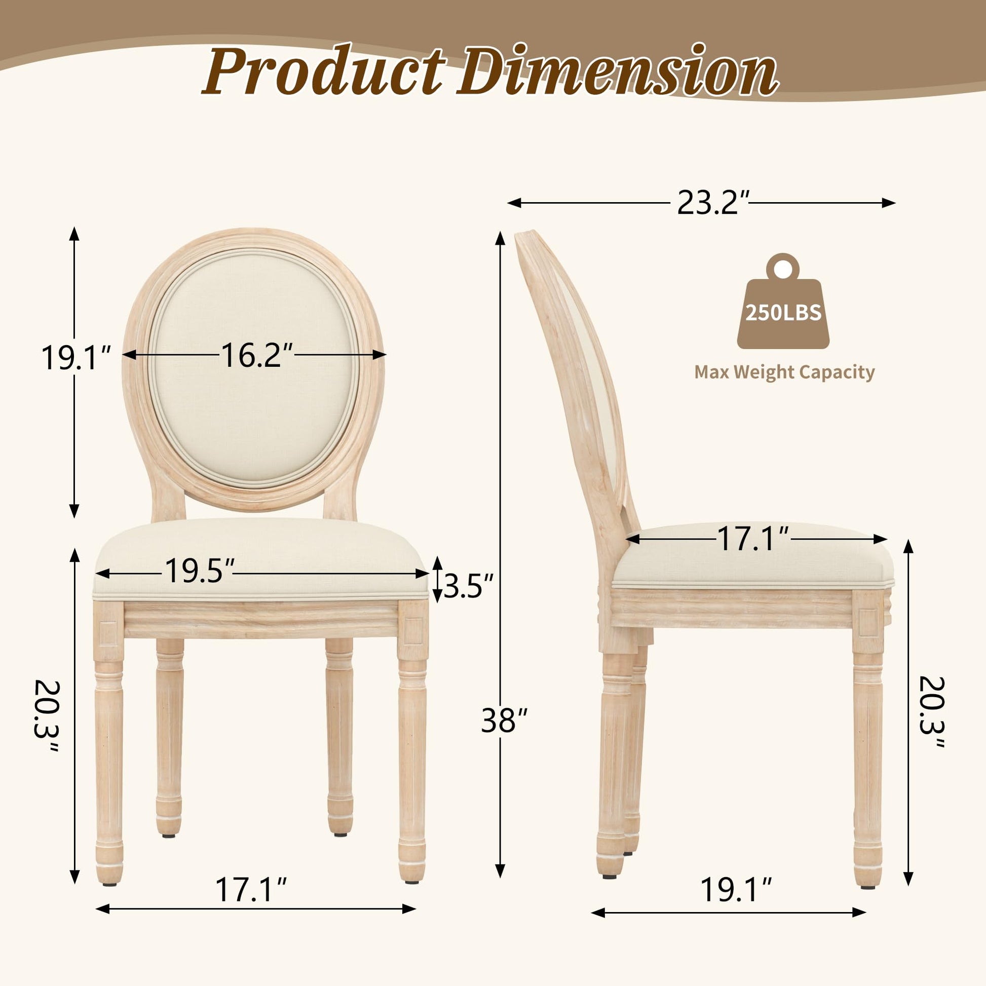 KCC French Dining Chairs Set of 2, Upholstered Vintage Farmhouse Chair with Round Backrest, Mid Century Fabric Chairs with Solid Rubberwood Legs for Dining Room Kitchen Restaurant, Beige - WoodArtSupply