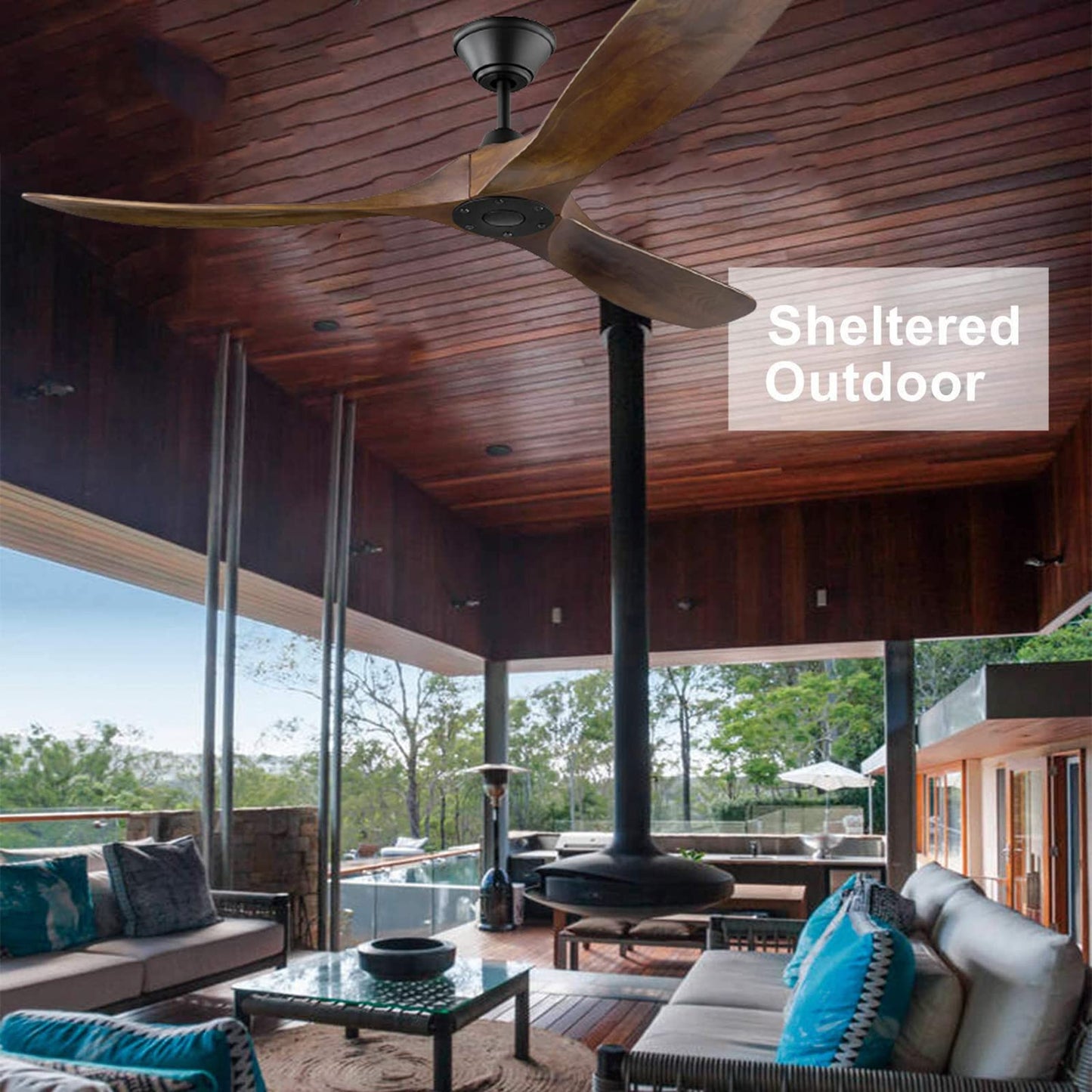 XCWIIE Modern Ceiling Fan No Light 60" Outdoor Ceiling Fans Retro Wood Ceiling Fans, 3 Balsa Wood Blades, DC Motor, for Restaurant Living Room Bedroom Inverter Silent Fan with Remote Timing Function