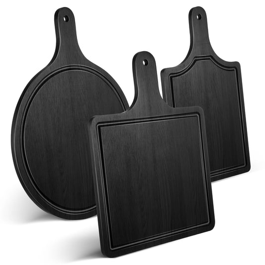 Geetery 3 Packs 12 Inch Black Wood Chopping Boards with Handle and Deep Juice Groove Small Bamboo Wooden Pizza Paddle Serving Boards Tray Charcuterie - WoodArtSupply