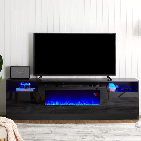 AMERLIFE Fireplace TV Stand with 36" Electric Fireplace, LED Light Entertainment Center, Modern Wood Texture Entertainment Stand with Highlight Storage Cabinet for TVs Up to 80", 70 inches, Black AMERLIFE