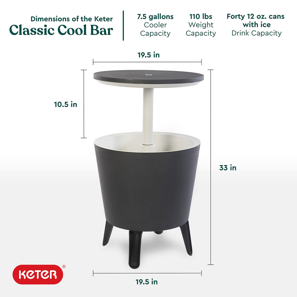 Keter Modern Cool Bar Outdoor Patio Furniture and Hot Tub Side Table with 7.5 Gallon Beer and Wine Cooler, Dark Grey Keter