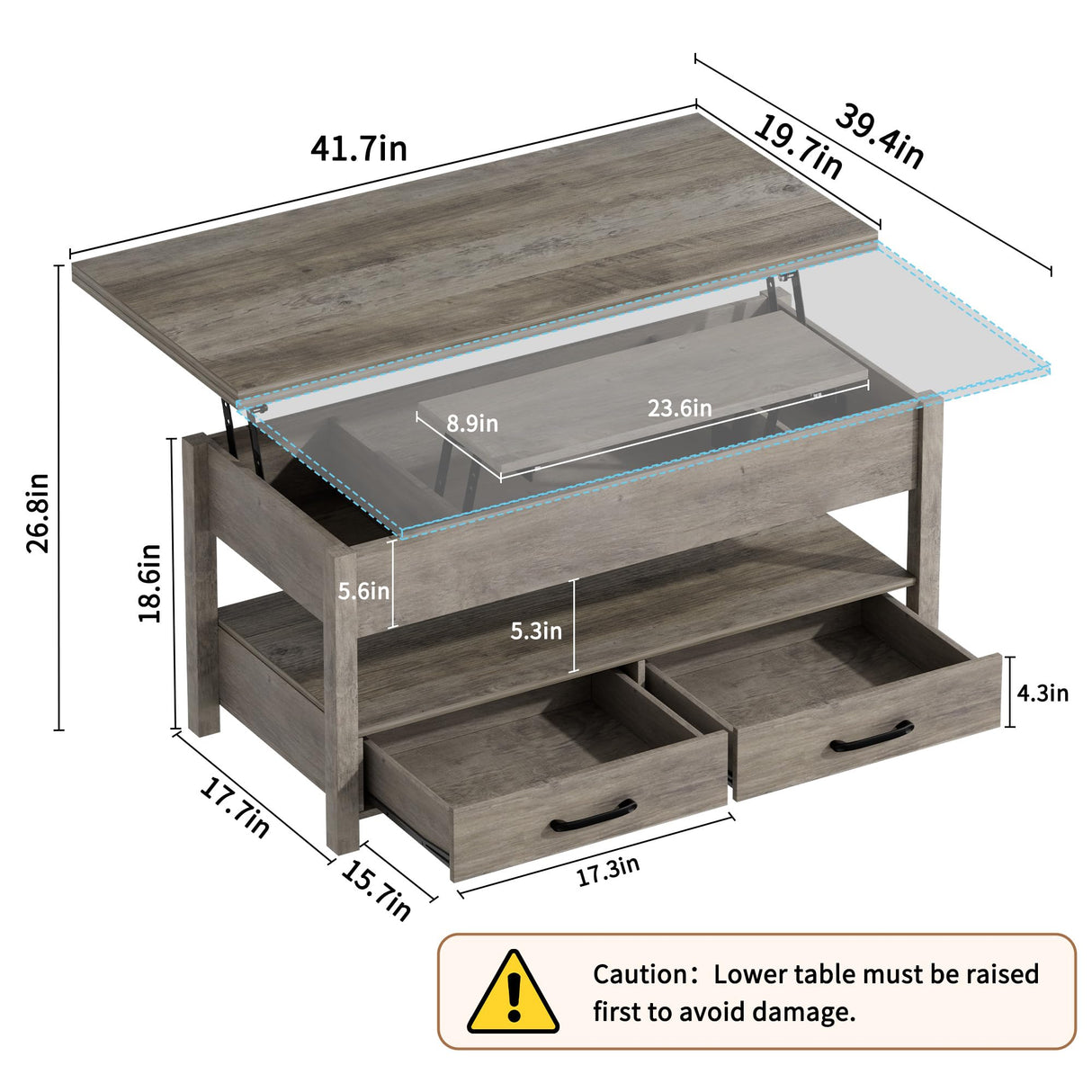 SYESWAY 42'' Lift Top Coffee Table, 4-in-1 Multifunctional Lift Coffee Table with Storage & Hidden Compartments, Farmhouse Coffe Table with Lifting top for Living Room, Dining Reception Room, Grey SYESWAY