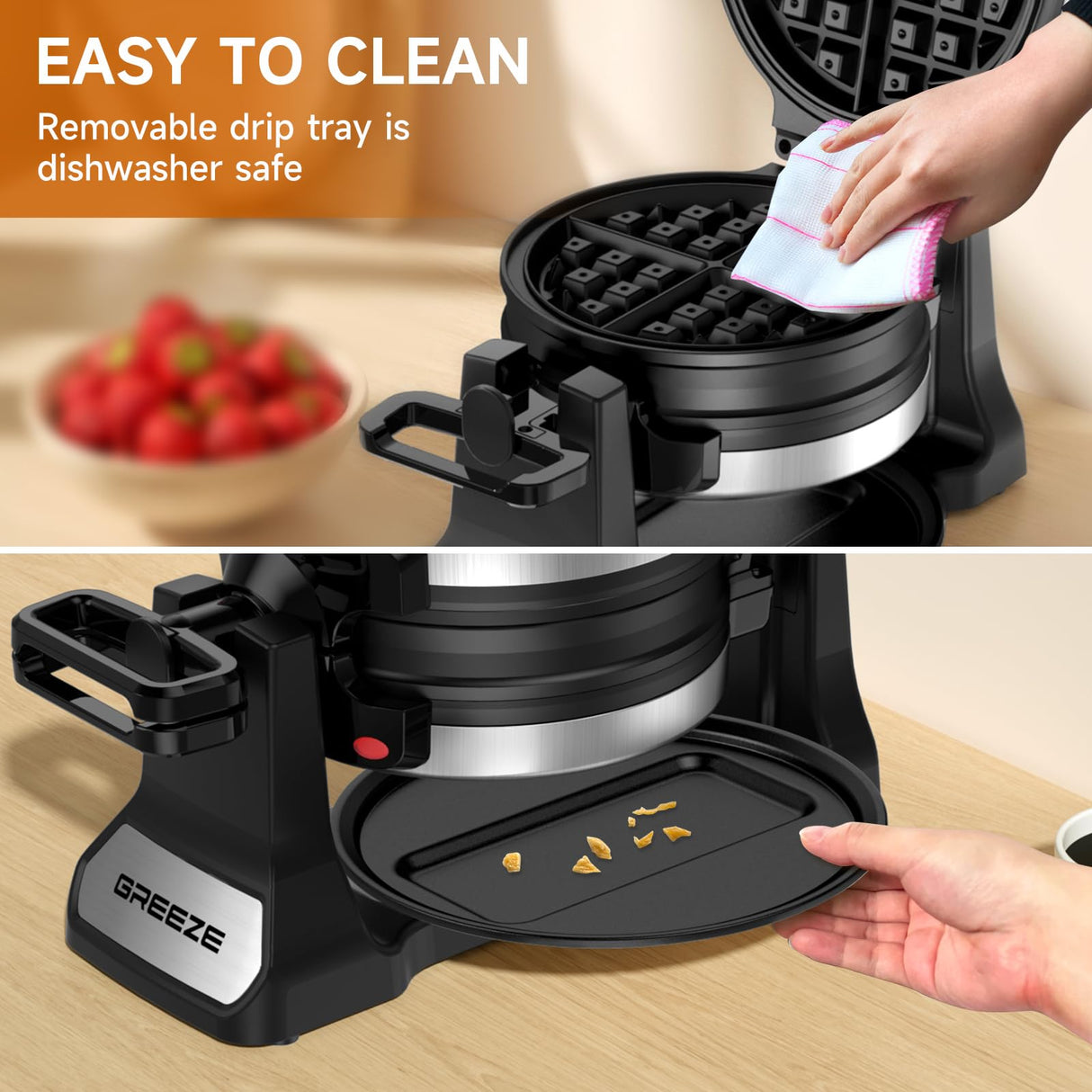 Waffle Maker, Double Belgian Waffle Maker 180°Flip, 1400W Waffle Iron 8 Slices, Rotating & Nonstick Plates with Removable Drip Tray for Easy Clean, Stainless Steel, Locking Buckle & Cool Touch Handle Greeze