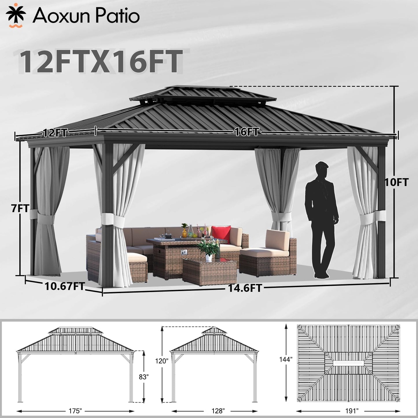 Aoxun Hardtop Gazebo 12ft X 16ft, Outdoor Gazebos with Double Roof, Galvanized Steel Permanent Aluminum Gazebo with Netting and Curtains, for Decks, Gardens, Patios, Parties