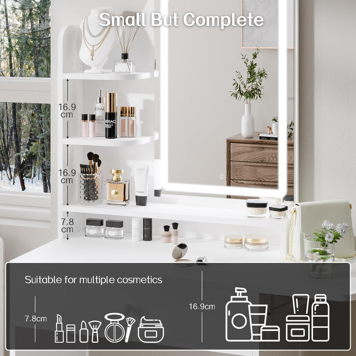 Haewon White Small Vanity Desk Set with Mirror and Lights, Mini Makup Table with Chargin Station and Storage Chair for Compact Space Bedroom Haewon
