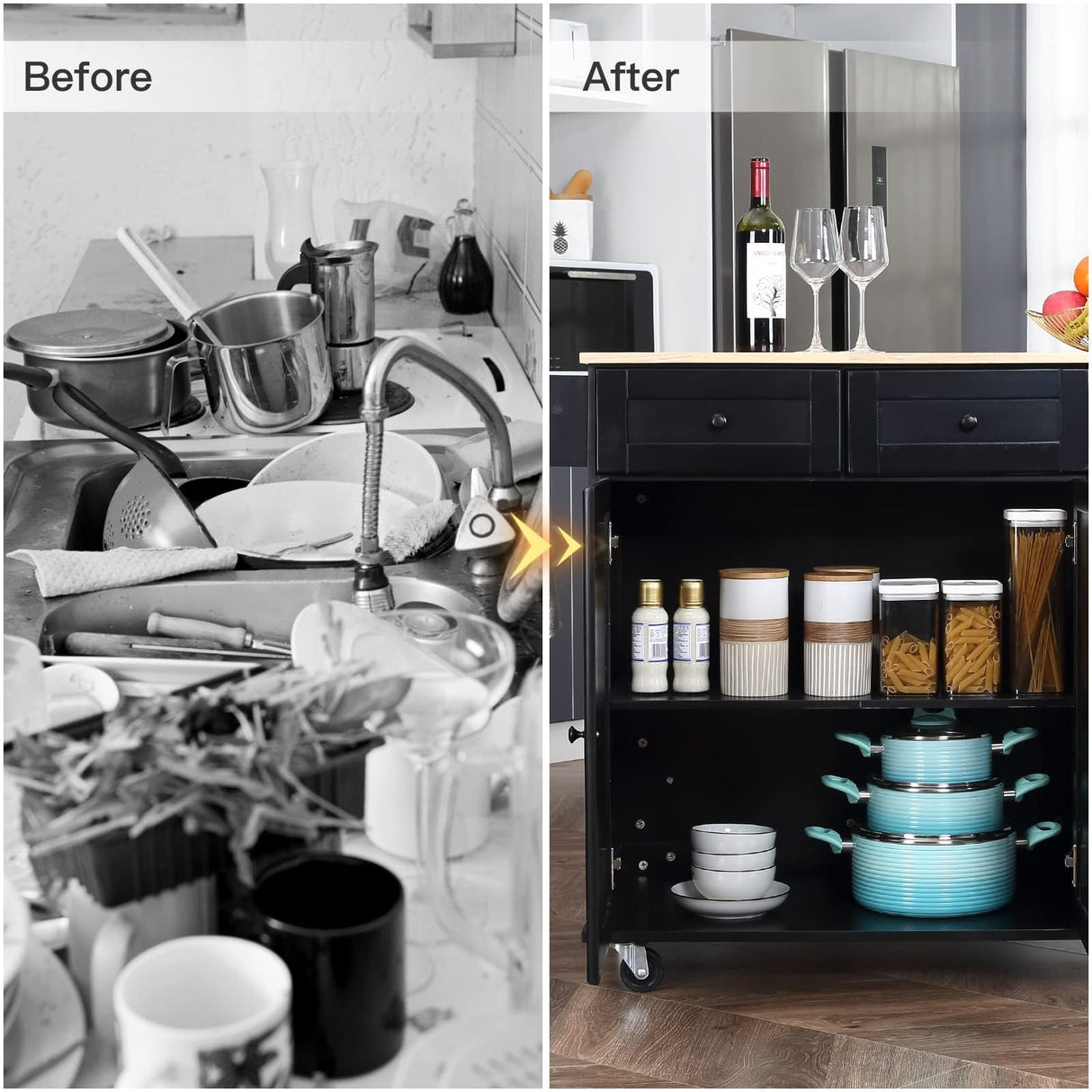 HOMREST Mobil Kitchen Island Cart with Drop Leaf, Kitchen Cart Rolling Mobile Island with Wooden Countertop, Spice Rack,Adjustable Shelves and Drawers, Island Table for Kitchen, Black HOMREST