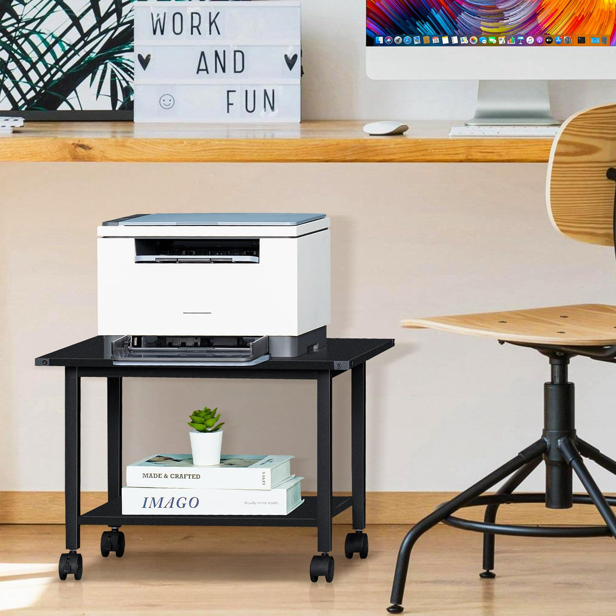 Lerliuo Under Desk Printer Stand, 2-Tier Industrial Mobile Printer Table with Storage Shelf and Steel Frame, Rolling Printer Cart Holder with Lockable Wheels for Home, Office (Black) Lerliuo
