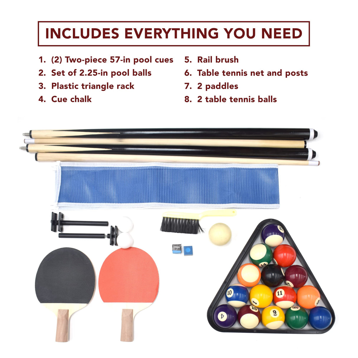 Hathaway Newport 7-ft Pool Table Tennis Combination with Dining Top, Two STO Newport II 7-ft Pool Table Combo Set with Benches - White with Camel Feltrage Benches with Accessories - Walnut Hathaway