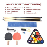 Hathaway Newport 7-ft Pool Table Tennis Combination with Dining Top, Two STO Newport II 7-ft Pool Table Combo Set with Benches - White with Camel Feltrage Benches with Accessories - Walnut Hathaway