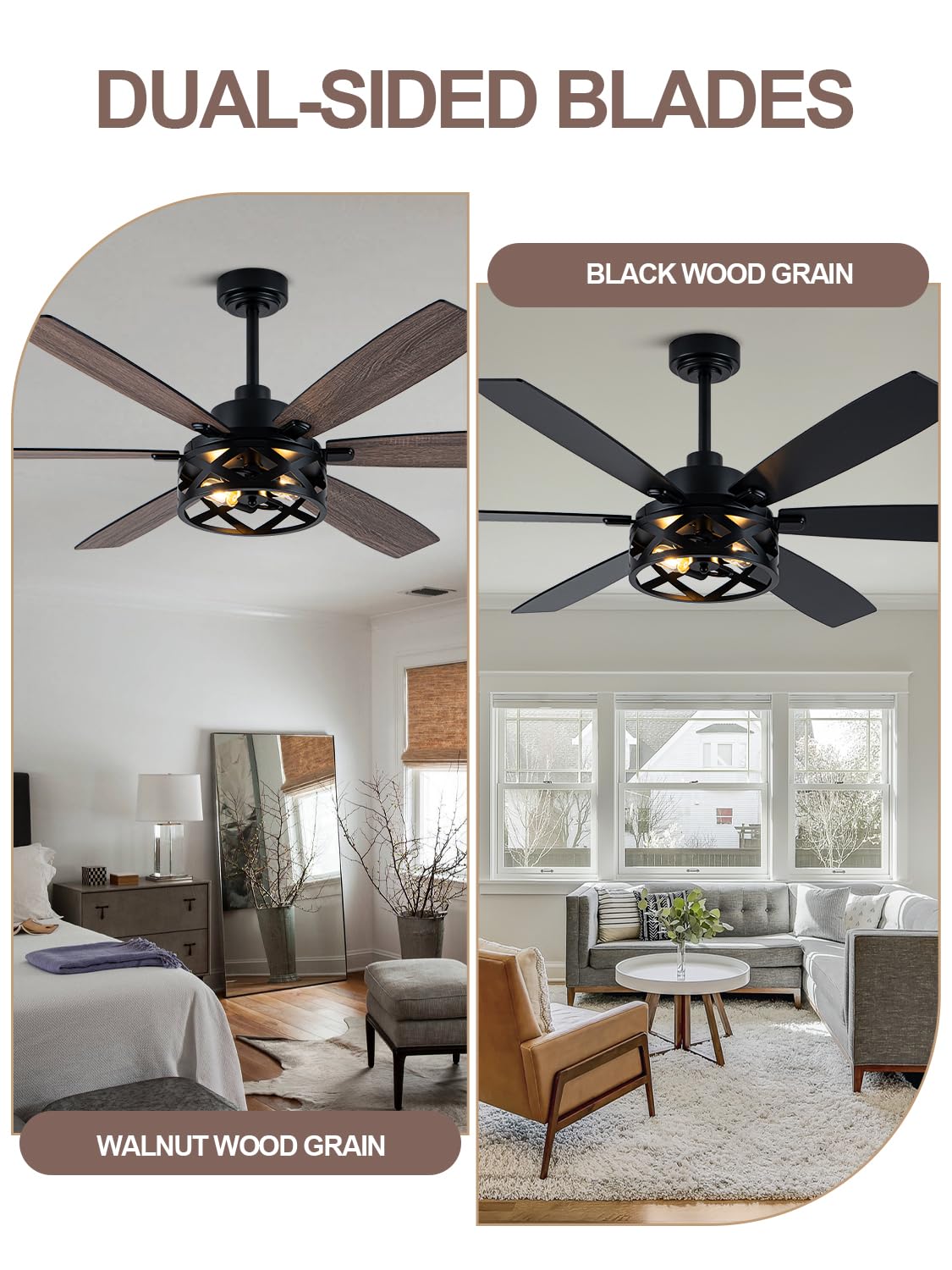Curve Curio 60 Inch Farmhouse Ceiling Fan with Light Black Rustic Ceiling Fan Reversible DC Motor Caged Chandelier Fan for Living Room Bedroom Curve Curio