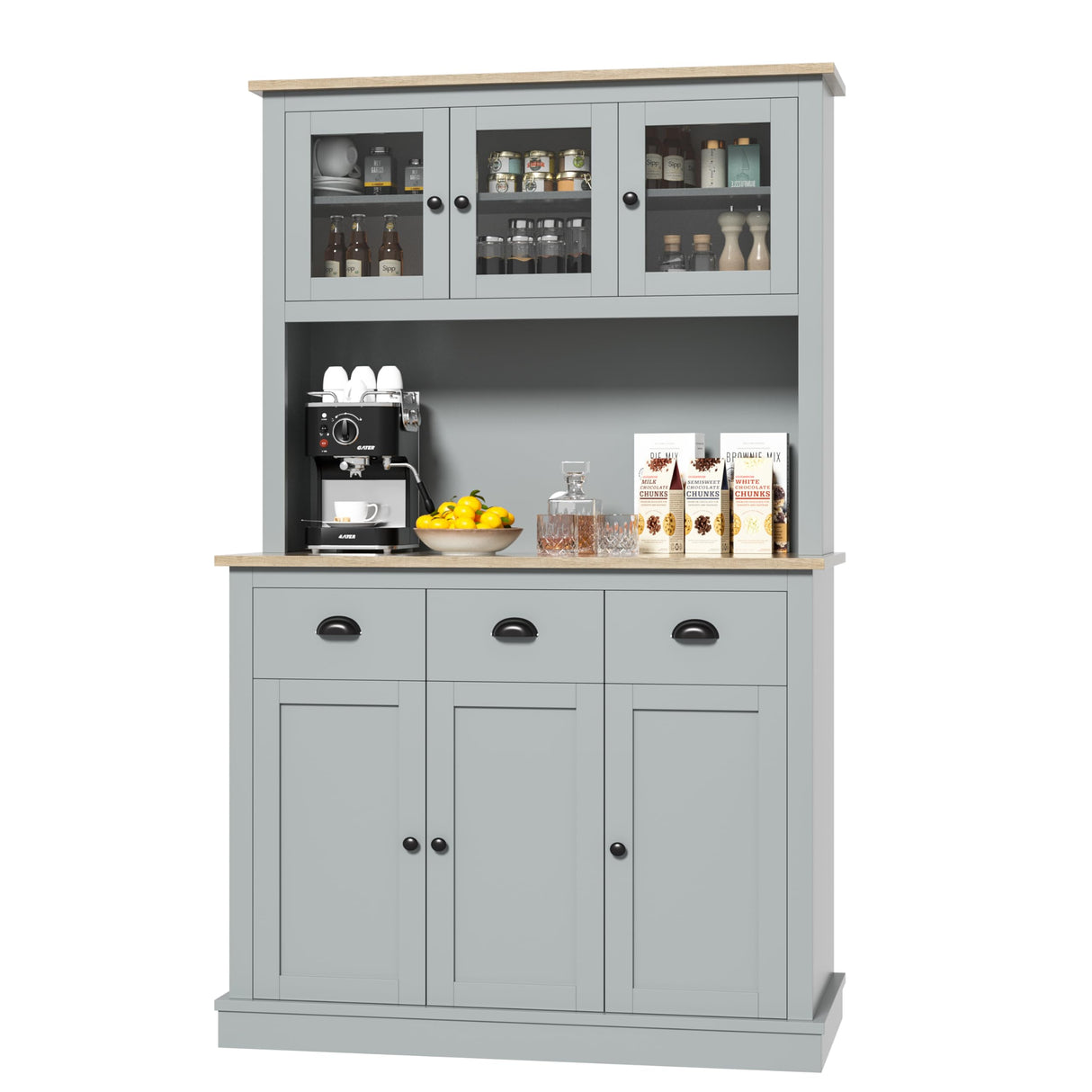 MU 71" Kitchen Hutch Storage Cabinet with Countertop, Tall Freestanding Kitchen Pantry Cabinet with Drawers, Drawers & Microwave Shelf, China Hutch for Kitchen, Dining Room, Living Room, Grey MU