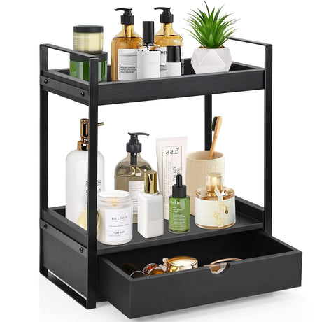 Ukonvi 2-Tier Bathroom Organizer Countertop with Drawer, Wood Counter Shelf for Storage, Vanity Tray for Organization and Decor, Countertop Organizer for Bathroom, Kitchen, Office (Black) Ukonvi