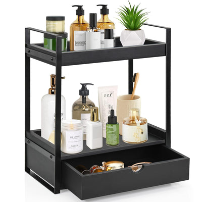 Ukonvi 2-Tier Bathroom Organizer Countertop with Drawer, Wood Counter Shelf for Storage, Vanity Tray for Organization and Decor, Countertop Organizer for Bathroom, Kitchen, Office (Black)