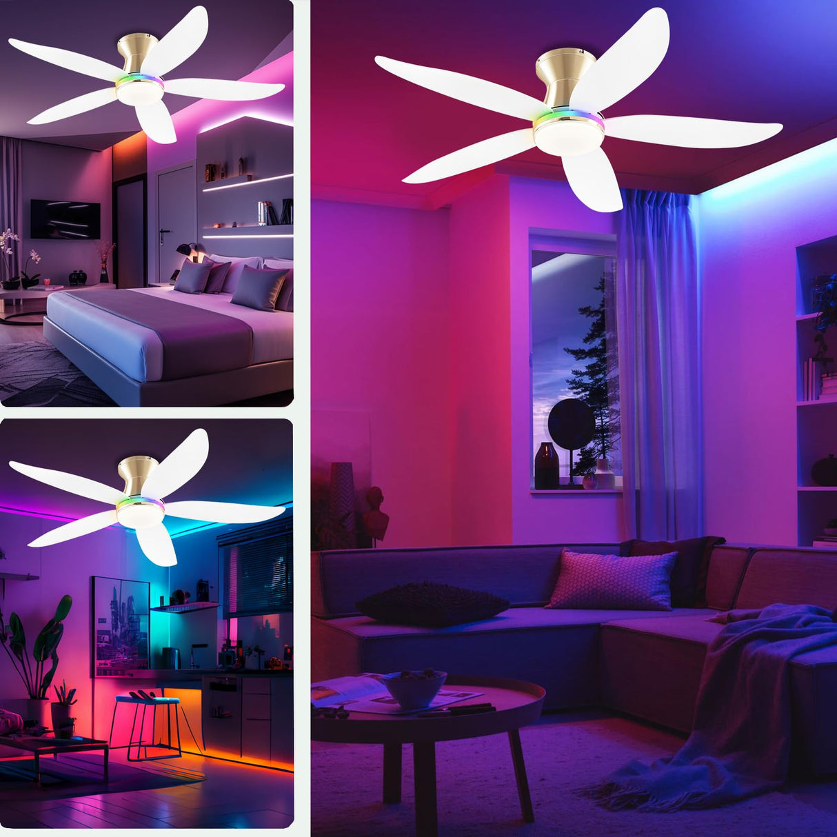JSAITEE Ceiling fan with light, 48" RGB Low Profile Ceiling fans with Lights and Remote Control, Dimmable, DC Reversible Motor, Noiseless, 6 Speeds Flush Mount White Ceiling Fan for Bedroom JSAITEE