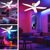 JSAITEE Ceiling fan with light, 48" RGB Low Profile Ceiling fans with Lights and Remote Control, Dimmable, DC Reversible Motor, Noiseless, 6 Speeds Flush Mount White Ceiling Fan for Bedroom JSAITEE
