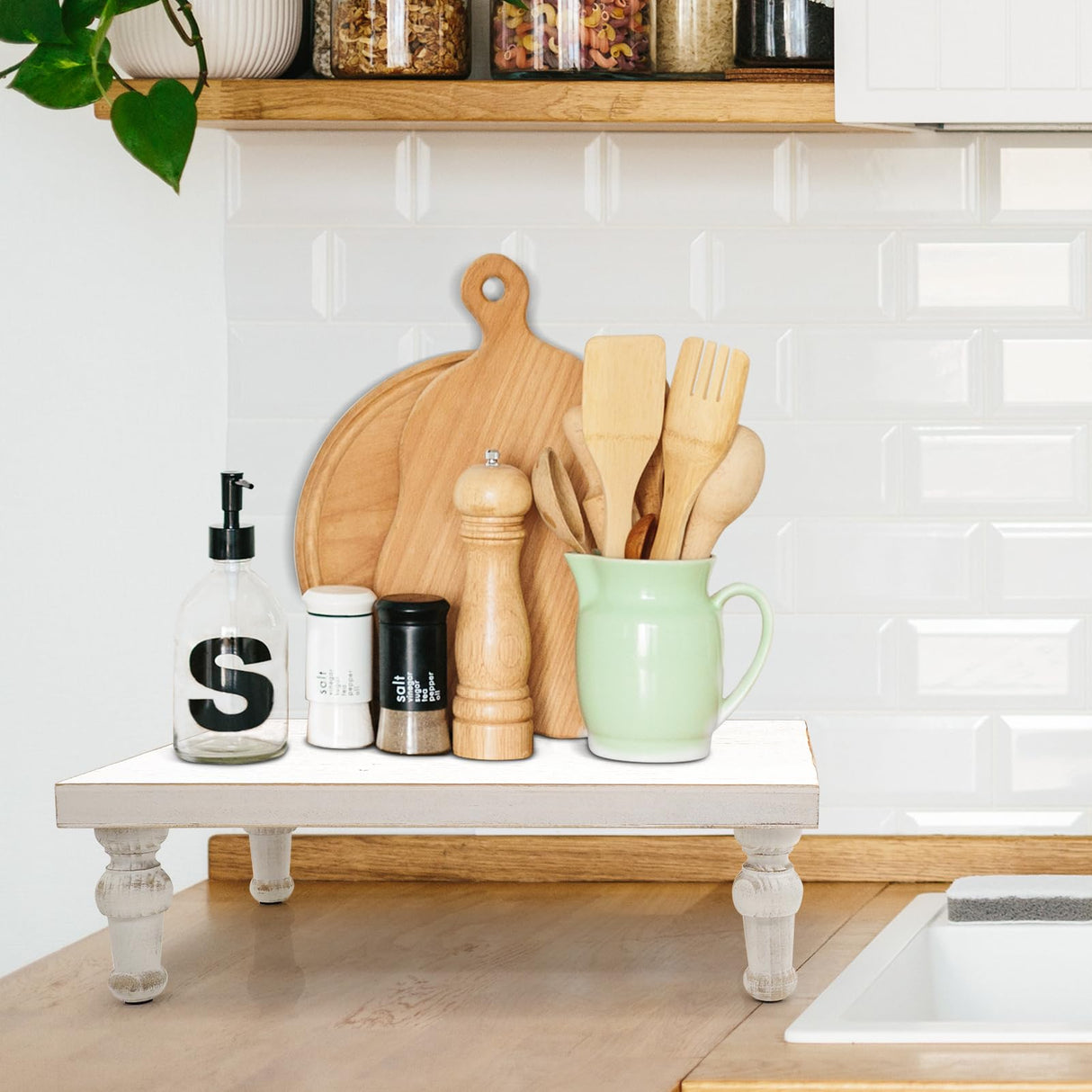 TOOLTENG 15.7" x 11.8" Wooden Riser Decorative Tray, Farmhouse Wood Pedestal Stand, Rustic Whitewashed Tray Riser Display Stand, Coffee Bar, Dining Room, Centerpiece, Kitchen, Bathroom Table Decor TOOLTENG