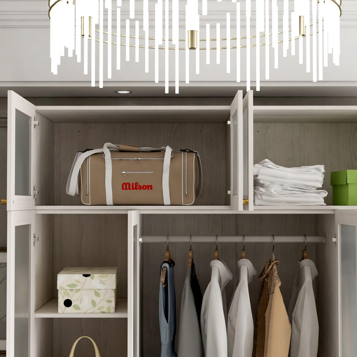 TAMUNE 4 Door Wardrobe Armoire Closet with Hanging Rods & 2 Drawers, Bedroom Armoire with Frosted Glass Doors, Top Cabinets & Gold Knobs, Wood Grain, 19.9”D x 63”W x 86.6”H TAMUNE