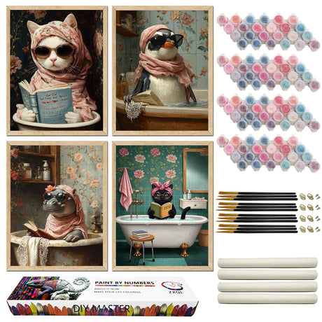 ZXQL 4 Pack Paint by Numbers Kit for Adults, Funny Bathing Animal DIY Adult Paint by Number Kits Pack Beginners Easy Acrylic On Canvas for Painting Home Decor Creative Wall Art 24x30 inches (mm-1) ZXQL