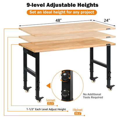 Betterhood 48" Adjustable Workbench for Garage, Rubber Wood Heavy Duty Workstation with Power Outlets & Wheels, 2000 LBS Load Capacity Hardwood Worktable for Workshop, Garage, Office, Home, C - WoodArtSupply