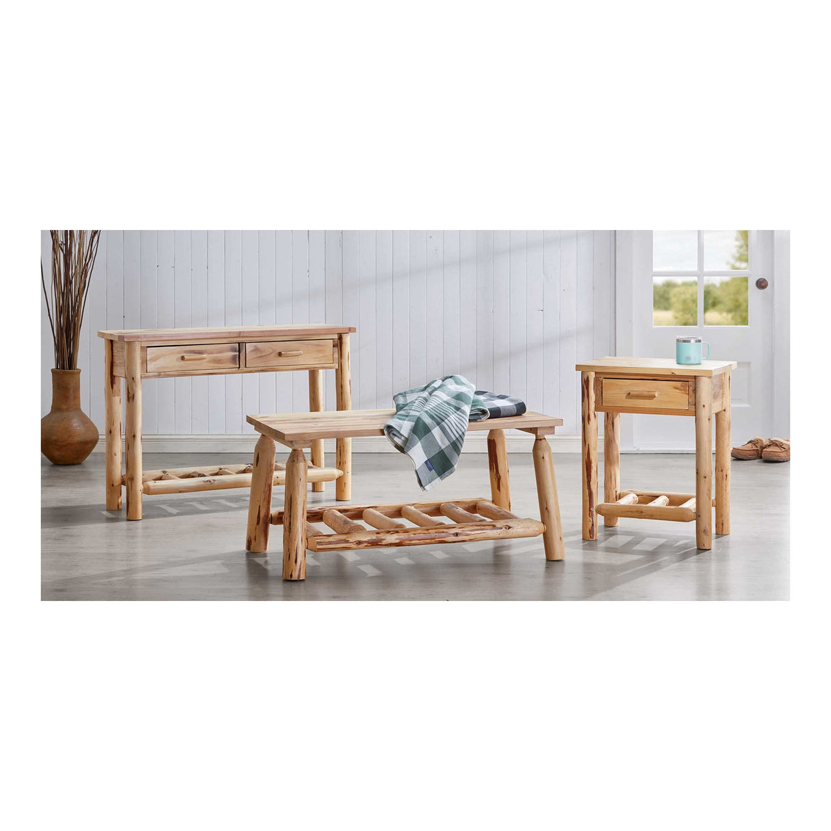 CASTLECREEK Log Coffee Table, Rustic Natural Weathered Look Wooden Rectangular Center Tables for Living Room CASTLECREEK