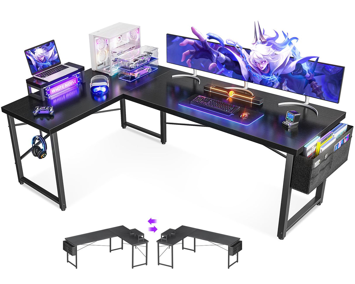 ODK L Shaped Desk, 66" Computer Corner Desk, Gaming Desk, Home Office Writing Desk with Monitor Shelf, Space-Saving Workstation Desk, Modern Simple Wooden Table, Easy to Assemble, Black ODK