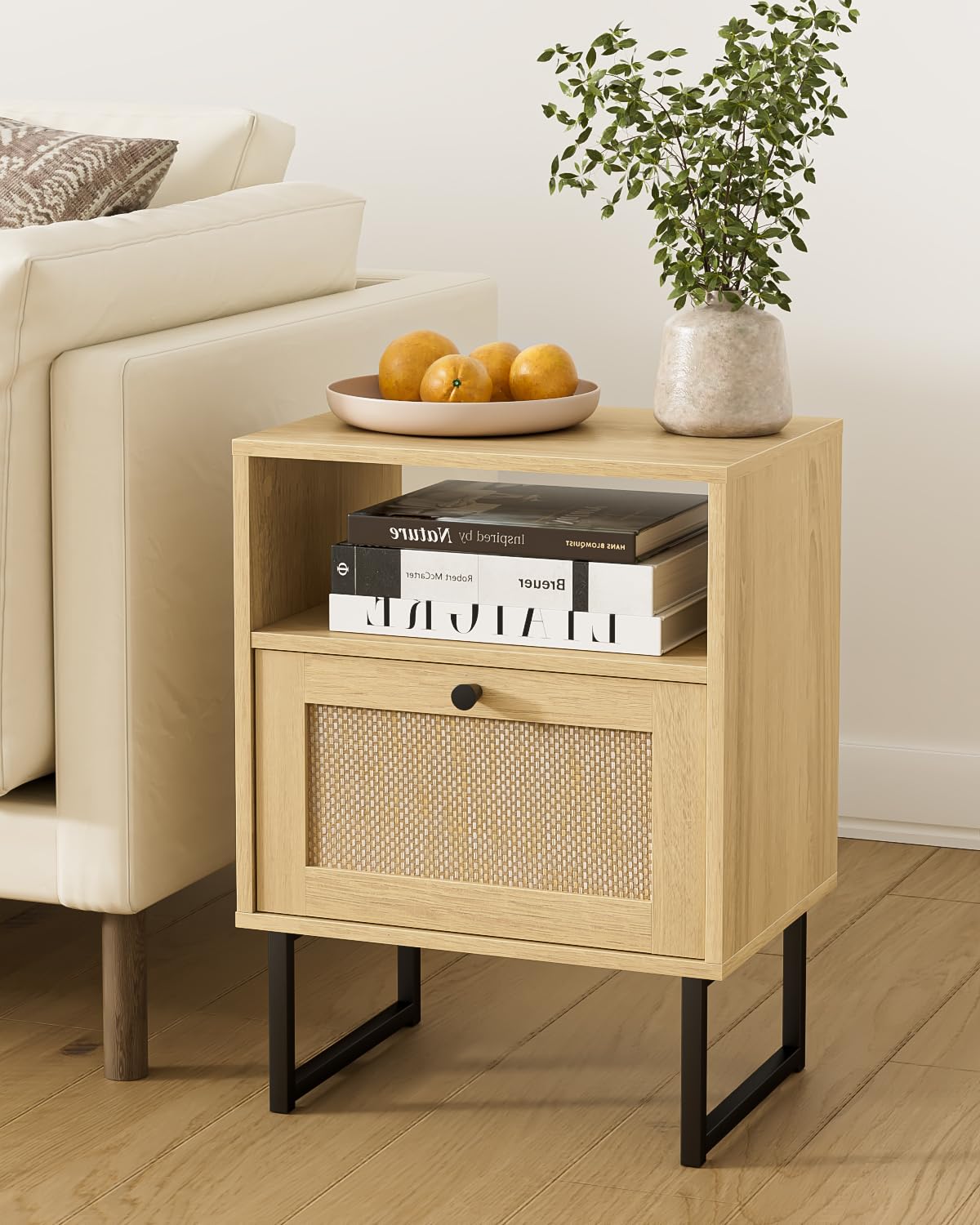 Acodaiuy Rattan Night Stand, Modern Boho Nightstand with Storage Drawer, Wood Bedside Table with Open Shelf, Side End Table for Bedroom,Living Room,Oak Acodaiuy