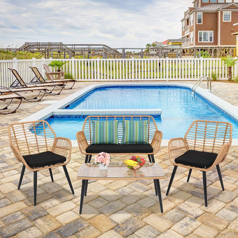 VINGLI 4 Pieces Outdoor Furniture Set Wicker, Rattan Patio Conversation Set with Cushions and Glass Coffee Table, Outdoor Sectional Sofa Set for Garden, Backyard, Poolside VINGLI
