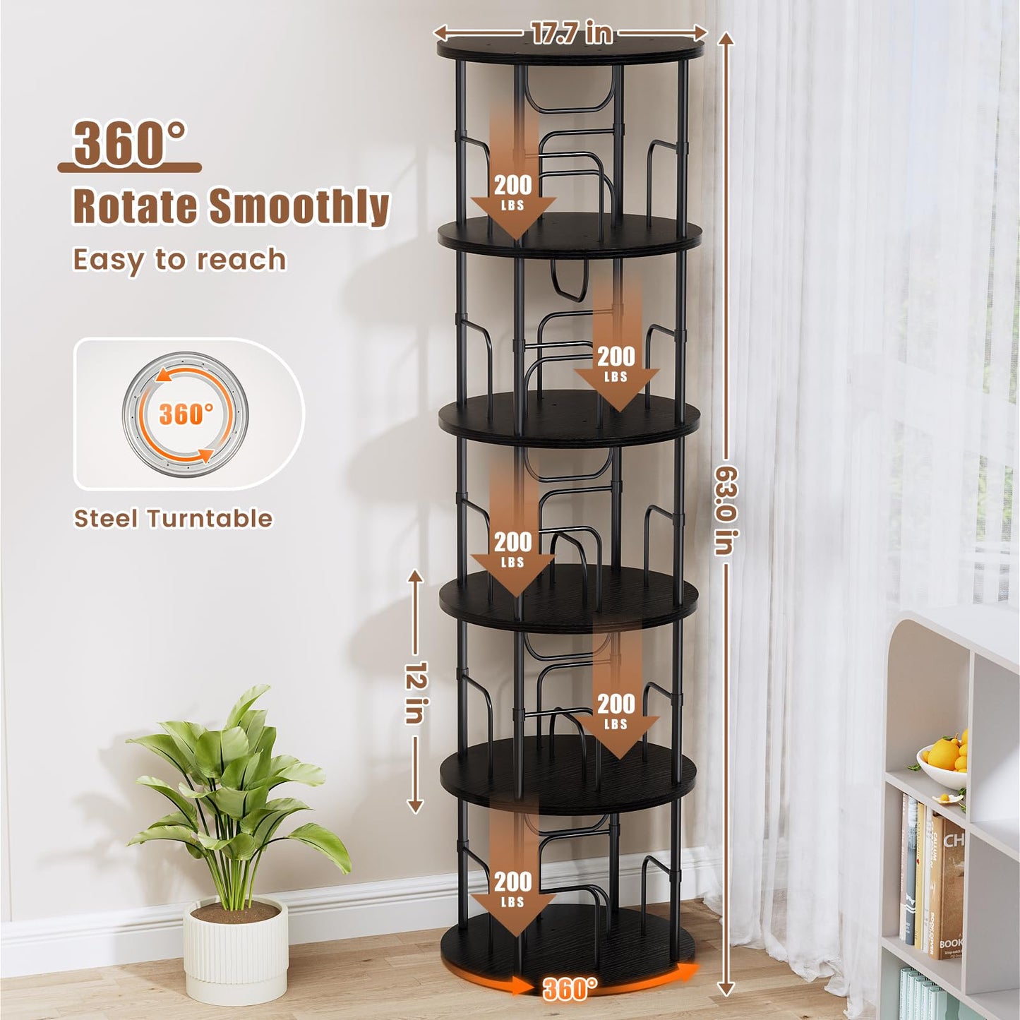 ALLSTAND 5-Tier 360° Rotating Black Bookshelf – Space-Saving Swivel Tower for Home Storage - WoodArtSupply