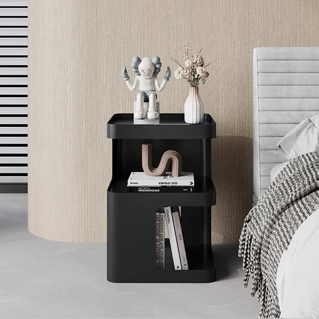 BUZUEY Side Table,Modern end Table,Unique nightstand,Black Metal Bedside Table,3-Tier Accent Table with Storage for Bedroom,Living Room,Small Space,Couch.No Assembly Required BUZUEY