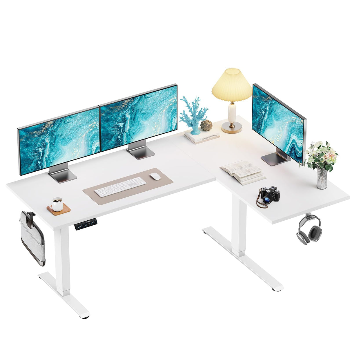 HUANUO L-Shaped Standing Desk, 71 x 48 inch Dual Motor Corner Standing Desk, Electric Height Adjustable Computer Desk with Cable Tray & 3 Preset Heights, Raising Desk for Home Office, White, HNESD110 HUANUO