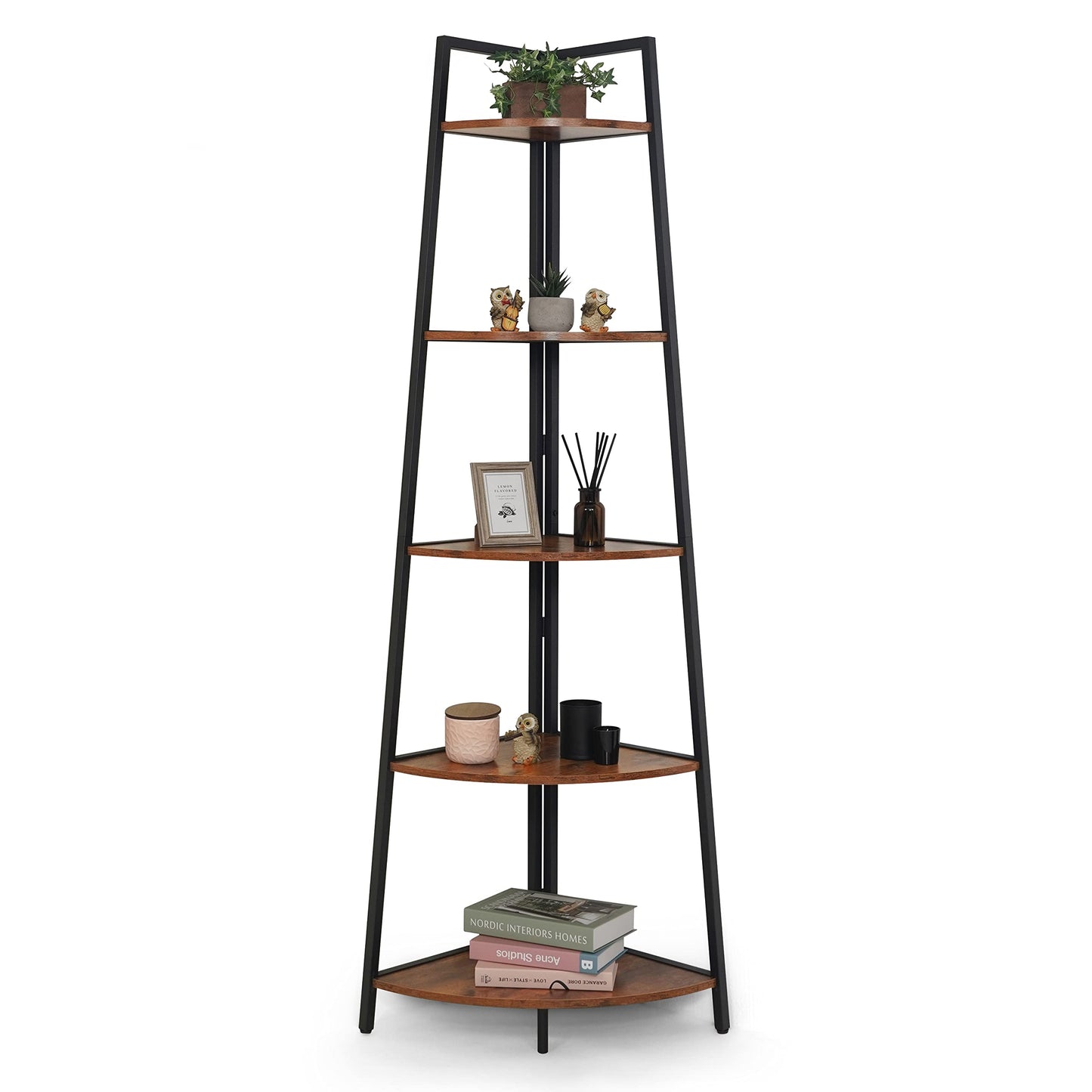 CAPHAUS Rustic Oak Tall Corner Shelf Stand - 5-Tier Versatile Display Unit with Metal Frame - WoodArtSupply