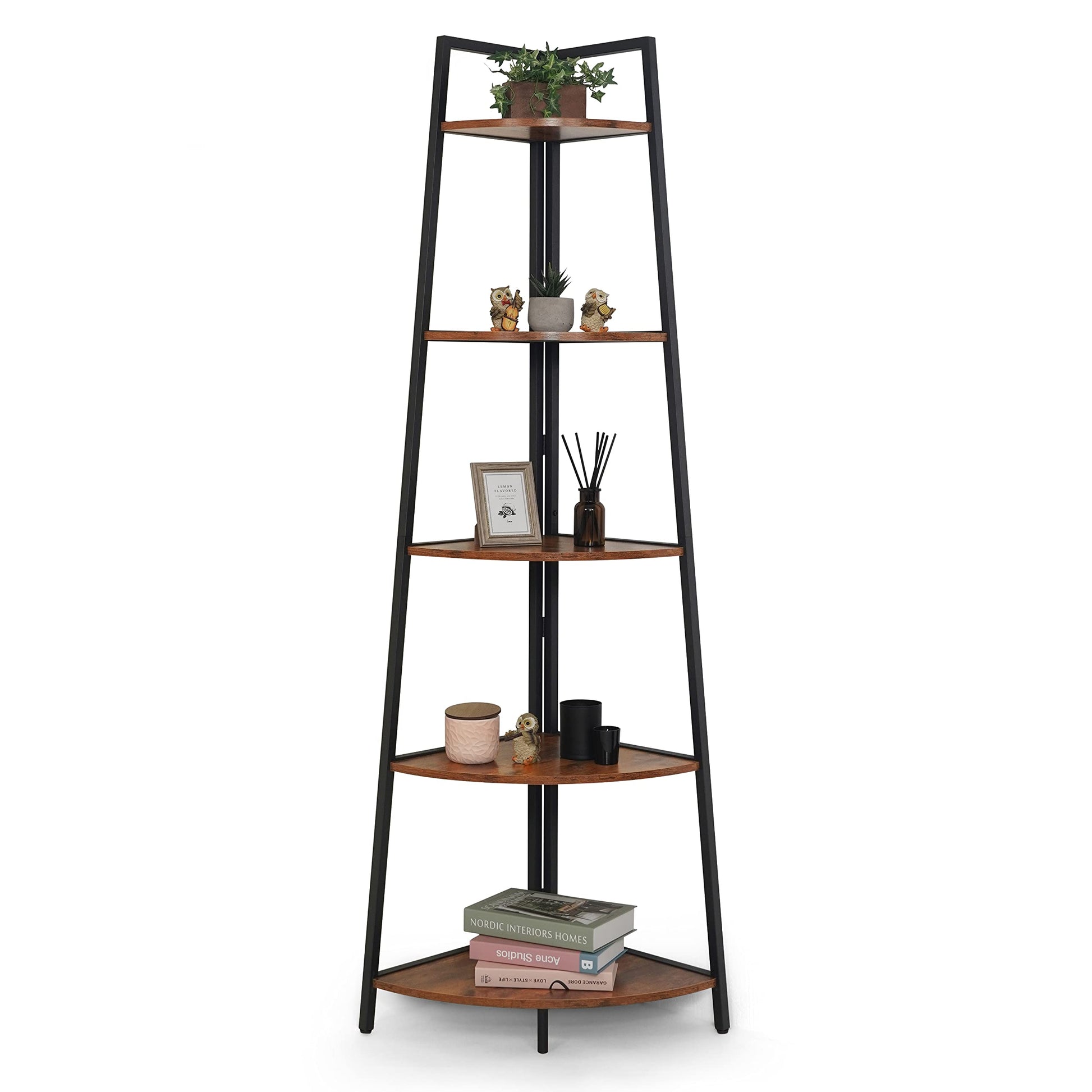 CAPHAUS Rustic Oak Tall Corner Shelf Stand - 5-Tier Versatile Display Unit with Metal Frame - WoodArtSupply