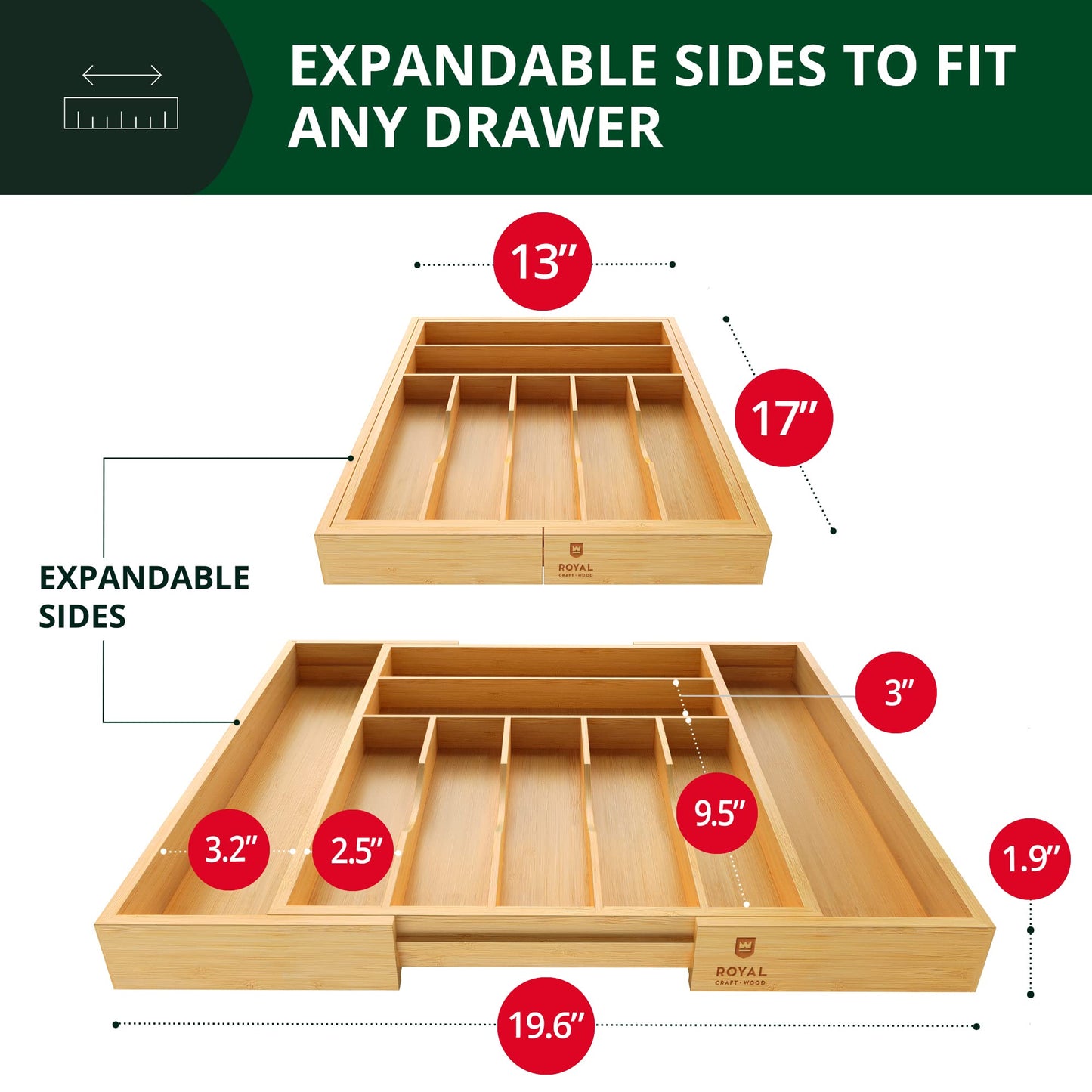 Luxury Bamboo Kitchen Drawer Organizer - Silverware Organizer - Utensil Holder and Cutlery Tray with Grooved Drawer Dividers for Flatware and Kitchen Utensils (9 Slot, Natural)