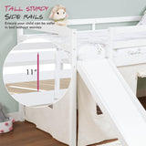 Spirich Kids Loft Bed with Slide and Ladder, Solid Wood Twin Loft Bed Frames with Bed Tent, Low Loft Bed with Guardrails, No Box Spring Needed, White Spirich