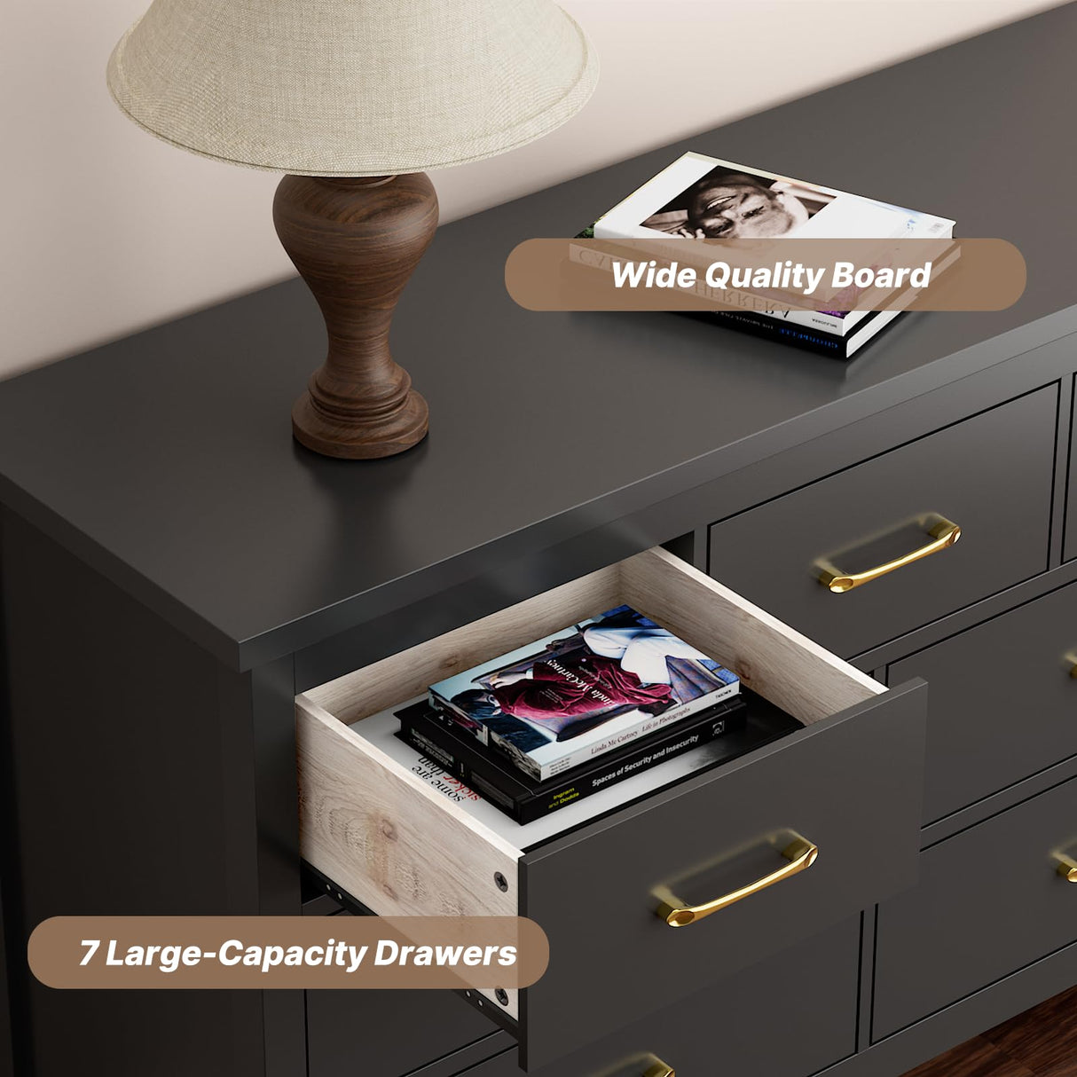 LYNSOM Black Dresser for Bedroom, 7 Drawer Dresser with Metal Handles, Modern Wood Chest of Drawers for Living Room, Entryway and Hallway LYNSOM